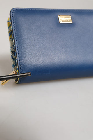 Dolce & Gabbana Blue Leather Continental Tile Print Zip Card Holder Purse Wallet
