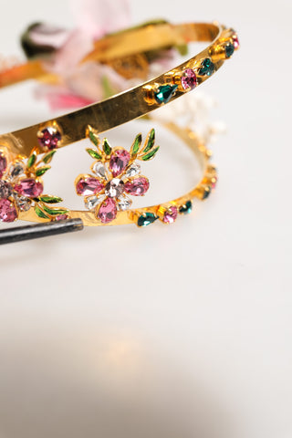 Dolce & Gabbana Gold Floral Tiara Pink Roses Crystal Crown Headband