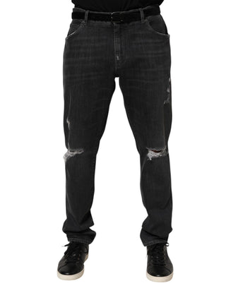 Dolce & Gabbana Black Cotton Slim Fit Distressed Ripped Logo Jeans