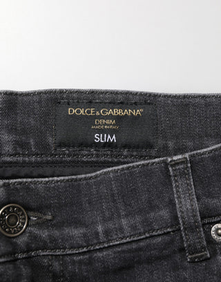 Dolce & Gabbana Black Cotton Slim Fit Distressed Ripped Logo Jeans