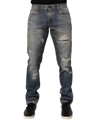 Dolce & Gabbana Blue Distressed Denim Slim Fit Pants Jeans