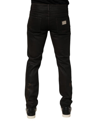 Dolce & Gabbana Dark Brown Tattered Cotton Skinny Denim Jeans