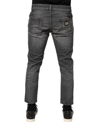 Dolce & Gabbana Grey Cotton Denim Slim Fit Distressed Pants Jeans
