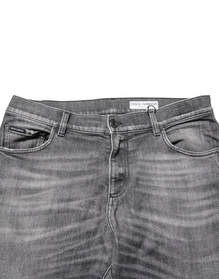 Dolce & Gabbana Grey Cotton Denim Slim Fit Distressed Pants Jeans