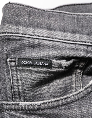 Dolce & Gabbana Grey Cotton Denim Slim Fit Distressed Pants Jeans