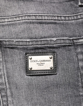 Dolce & Gabbana Grey Cotton Denim Slim Fit Distressed Pants Jeans