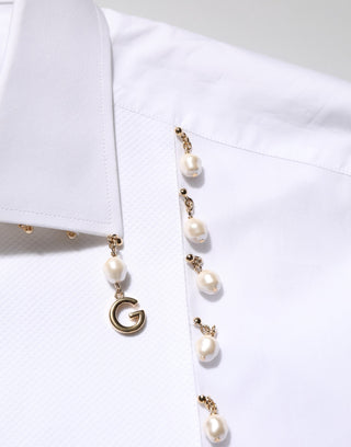Dolce & Gabbana White Cotton DG Logo Pearl GOLD Formal Shirt