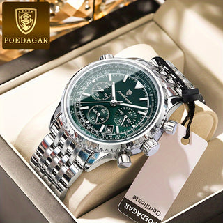 POEDAGAR Luxury Men's Stainless Steel Watch - Water Resistant, Luminous with Calendar and Chronograph Functions, Quartz Movement 