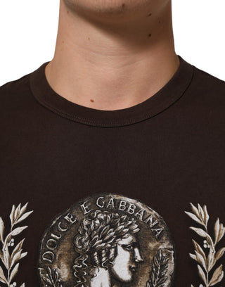 Dolce & Gabbana Brown Coin Laurel Print Men Crew Neck T-shirt