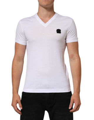Dolce & Gabbana White Cotton Logo Patch V-neck Tee T-shirt