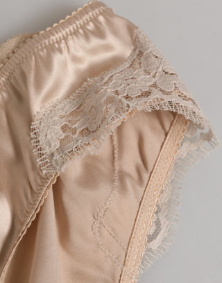 Dolce & Gabbana Beige Silk Satin Floral Lace Panty Brief Underwear