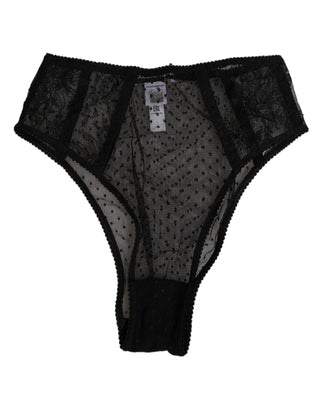 Dolce & Gabbana Black Lace Polka Dot Mesh High Waist Underwear