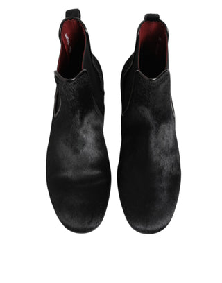 Dolce & Gabbana Black Leather Fur Men CHELSEA Boots Shoes
