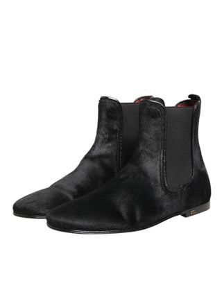 Dolce & Gabbana Black Leather Fur Men CHELSEA Boots Shoes