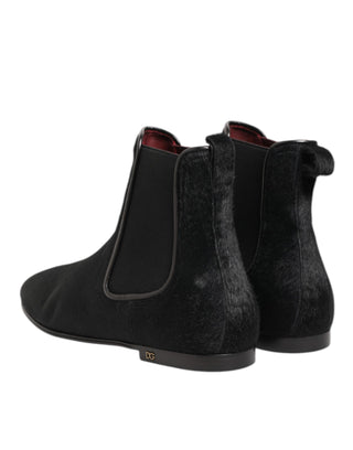 Dolce & Gabbana Black Leather Fur Men CHELSEA Boots Shoes