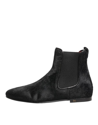 Dolce & Gabbana Black Leather Fur Men CHELSEA Boots Shoes