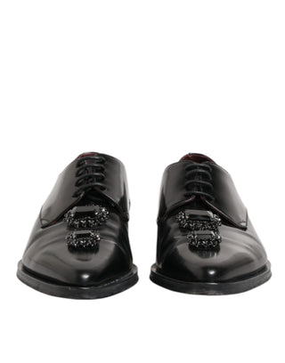 Dolce & Gabbana Black Leather Jeweled Crystals Derby Shoes