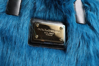 Dolce & Gabbana Blue Fur Logo Plaque Double Handle Shoulder Bag