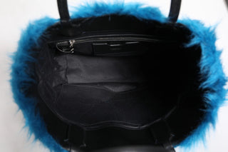 Dolce & Gabbana Blue Fur Logo Plaque Double Handle Shoulder Bag