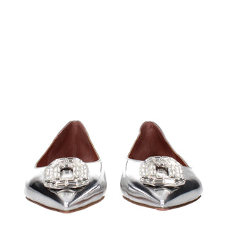 Amina Muaddi Gray Leather Ballet Flats