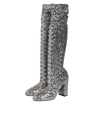 Dolce & Gabbana Silver Sequins Glitter High Heel Boot Shoes