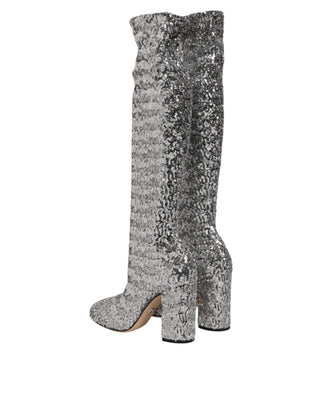 Dolce & Gabbana Silver Sequins Glitter High Heel Boot Shoes