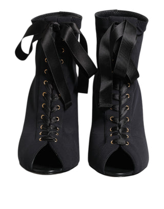 Dolce & Gabbana Black Stiletto Heels Lace Up Boots Shoes