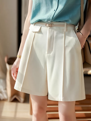 High Waist Loose Shorts with Slant Pockets, Solid Color and Crinkle Shorts for Spring and Summer, Women's Clothing 