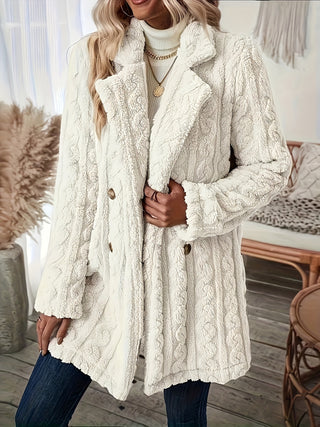 Double Breasted Faux Fur Lapel Coat Elegant Long Sleeve Solid Color Warm Coat Autumn Winter Women's Clothing 