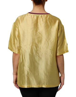 Dolce & Gabbana Yellow Silk Satin Floral Lace Short Sleeves Top