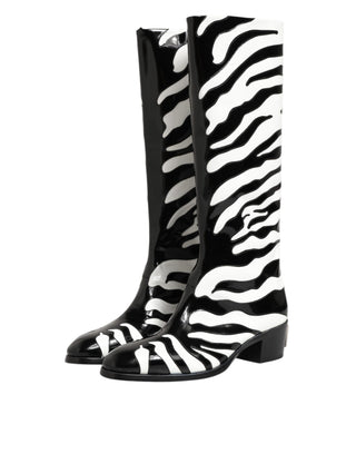Dolce & Gabbana Black White Zebra Over The Calf Boots Shoes
