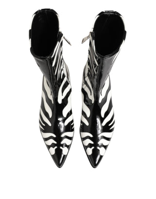 Dolce & Gabbana Black White Zebra Leather Mid Calf Boots Shoes