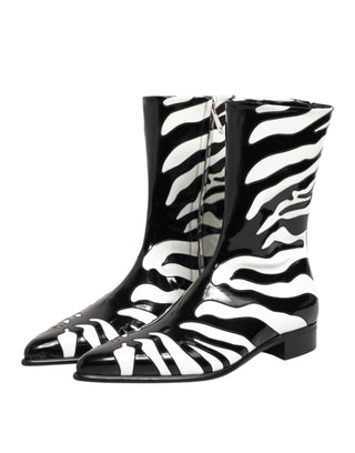 Dolce & Gabbana Black White Zebra Leather Mid Calf Boots Shoes