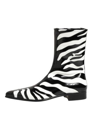 Dolce & Gabbana Black White Zebra Leather Mid Calf Boots Shoes
