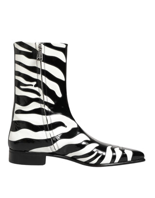 Dolce & Gabbana Black White Zebra Leather Mid Calf Boots Shoes