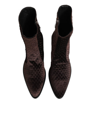 Dolce & Gabbana Brown Cotton Velvet Mid Calf Short Boots Shoes