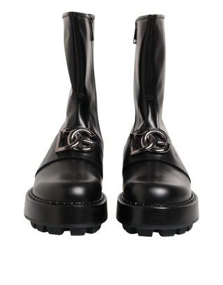 Dolce & Gabbana Black Logo Plaque Mid Calf Biker Boots Shoes