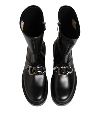 Dolce & Gabbana Black Logo Plaque Mid Calf Biker Boots Shoes