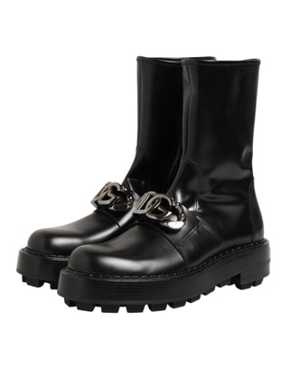 Dolce & Gabbana Black Logo Plaque Mid Calf Biker Boots Shoes