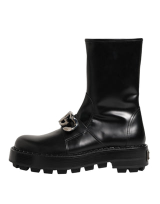 Dolce & Gabbana Black Logo Plaque Mid Calf Biker Boots Shoes