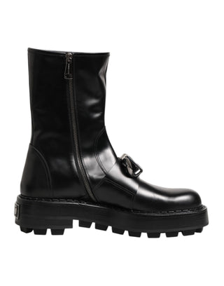 Dolce & Gabbana Black Logo Plaque Mid Calf Biker Boots Shoes