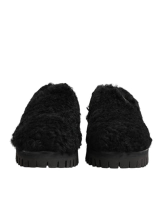 Dolce & Gabbana Dress Black Fur Leather Slippers Men Shoes
