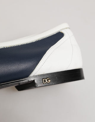 Dolce & Gabbana White Blue Leather Slip On Loafers Men Formal Shoes