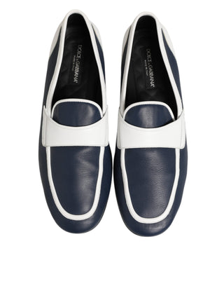 Dolce & Gabbana White Blue Leather Slip On Loafers Men Formal Shoes