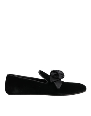 Dolce & Gabbana Black Suede Cotton Rose Slip On Loafers Shoes