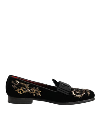 Dolce & Gabbana Black Velvet Embroidery Formal Loafers Shoes