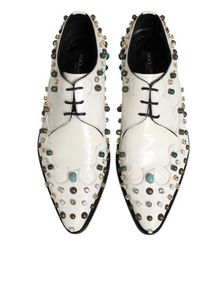 Dolce & Gabbana White Leather Crystals Embellished Derby Shoes