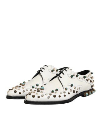 Dolce & Gabbana White Leather Crystals Embellished Derby Shoes