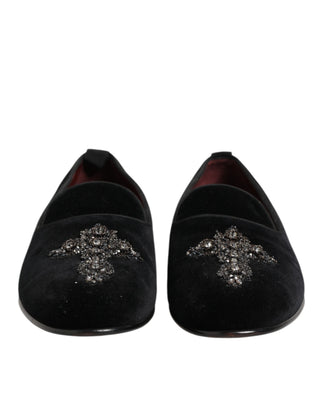 Dolce & Gabbana Black Cross Embellished Slip On Loafers Dress Shoes