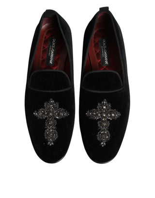 Dolce & Gabbana Black Cross Embellished Slip On Loafers Dress Shoes